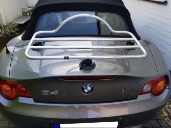 silver bmw z4 e85 with a revo rack luggage rack fitted photographed from behind