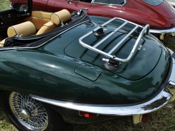 green Jaguar e type /xke v12 convertible with a revo-rack pa luggage rack fitted photographed from the rear