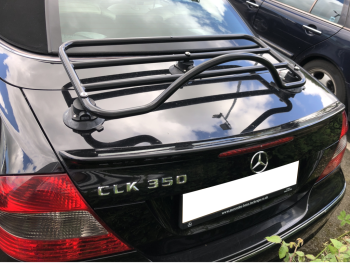 black mercedes benz 350 a209 clk cabrio with a revo-rack black luggage rack fitted photographed close from the rear